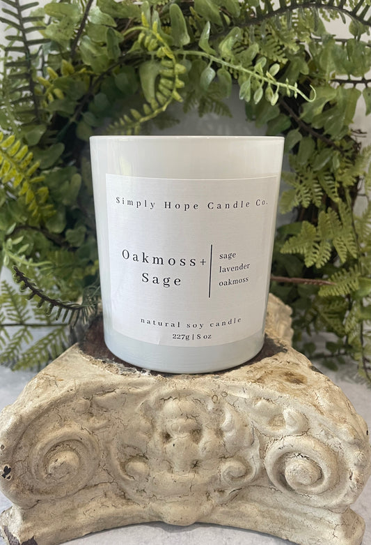 Soy Wax Candle, Oakmoss + Sage Scent, All Natural, Home Decor, Gift for Her, Hostess Gift, Non-Toxic, Fresh Scent Candle, Hand Made Candle